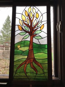 Stained glass tree in wooden frame